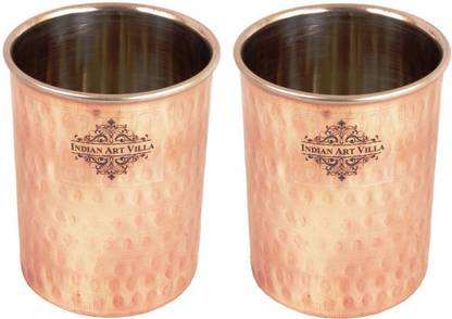 IndianArtVilla (Pack of 2) Set of 2 Steel Copper Flat Hammered Glass Glass Set Water/Juice Glass