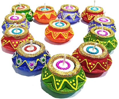 Earthen Diya Set of 4 Handmade Clay Terracota Diwali Diya Multicolor Oil Lamps for Pooja Deepak Decoration Rangoli Diva Deepam Decorative Lighting Accessories Traditional Indian Festival Decor