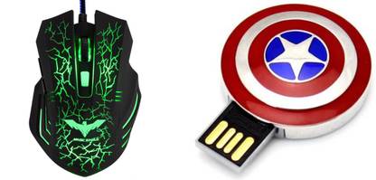 DARK EDGE EXTREME 966 USB Gaming Mouse With Captain America Shield Model 16 GB USB Pen Drive Combo Set Designed for Gaming