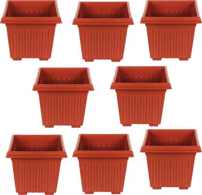 MEDED Garden Essential Plastic Square Shape Planter / Pots Set (Diameter 12-inch, Brown, Pack of 8) Plant Container Set