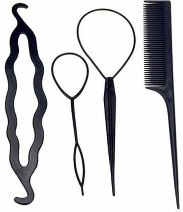 NERR Topsy Tail Braid Ponytail Hair Bun Maker 4pc Hair Accessory Set (Black) Hair Accessory Set