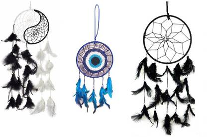 Ryme Combo Of Evil Eye , Yin Yang And Black 6 Inches Dream Catcher Wall Hanging Wool Dream Catcher