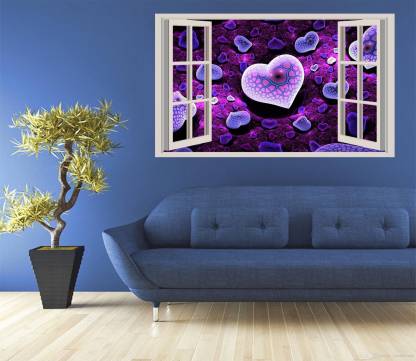 GADGETSWRAP Heart Purple Pink Fake Window Style Wall Decal For Home & Office (50cmx90cm)