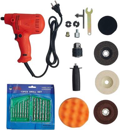 Tools Centre Universal polishing grinding and drilling kit 450~600 watt red variable speed drill machine cum car/bike polisher/sander cum grinder machine with 13-pieces HSS drill set plus 10mm chuck plus grinding and polishing wheel combo offer Vehicle Polisher