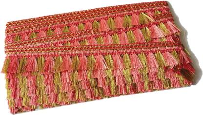 ChandCreation New Golden peach Colour Mini Tassel Lace Saree Falls
