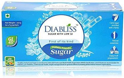 DiaBliss Herbal Cane Sugar with Low Glycaemic Index (GI) - 40 x 5 Grams Sachet Box - Pack of 6 with Complimentary Air Lock Box Container Sugar