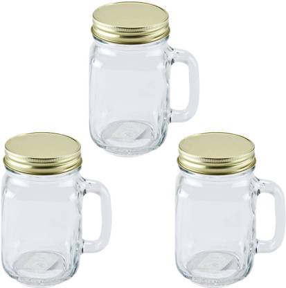 SuttaLife Set of 3, Transparent Airtight Lid Metallic Cap Glass Mason Jar with Handle Glass Mason Jar