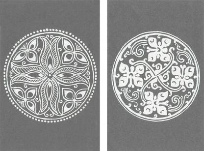 DollsofIndia Set of Two Hand Painted White Rangoli Design Template on Black Paper - Painting on Handmade Paper - Unframed (LX83) Watercolor 6 inch x 4 inch Painting