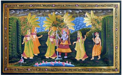 DollsofIndia Krishna Breaking Milk Pot of Radha - Miniature Painting on Silk Cloth - Unframed (RI48) Watercolor 19 inch x 29 inch Painting