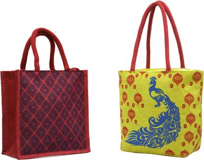 AGGDA **2 BAGs COMBO**Women Waterproof Jute Peacock with Feathers Printed Tote Shoulder Bag Handbag Eco-Friendly with && Diamond Dot Printed with Rope Handle Jute Tiffin Lunch Handbag. … Waterproof Multipurpose Bag