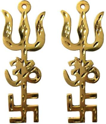 shiv mart Trishakti Yantra Swastik, Om and Trishul - Original Brass Home Decor and Puja Wall Hanging Decoration and Gifting Brass Yantra