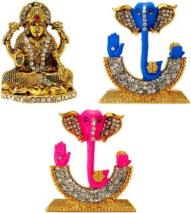 Le Mata Lakshmi (Maa Laxmi) Antique Finish Electroplated Idol, Lord Ganesha Face Electroplated Idol & Lord Ganesha Face Electroplated Idol Statue for Home Decor , Office and Car Dashboard Decorative Showpiece  -  8.6 cm