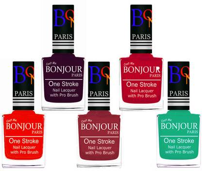 BONJOUR PARIS Stylish Nail Polish Set of 5 Pcs 01-02-03-04-44 Orange,Plum,Maroon,Pink,Green