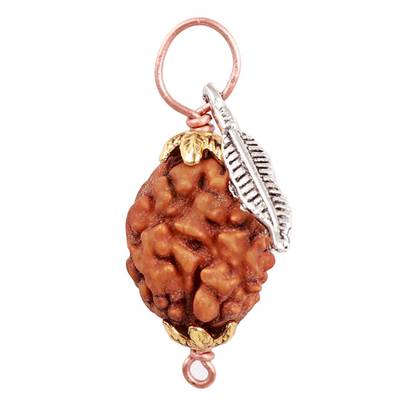 Rudrablessings 2 Mukhi Rudraksha with Lucky Charm Feather Brass Pendant