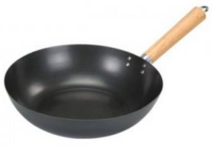Alda Carbon Steel Wok Pan with Wooden Handle Kadhai 26 cm diameter 2 L capacity