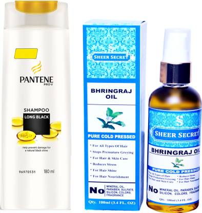 PANTENE 180 ML LONG BLACK SHAMPOO with SHEER SECRET COLD PRESSED BHRINGRAJ OIL 100ML