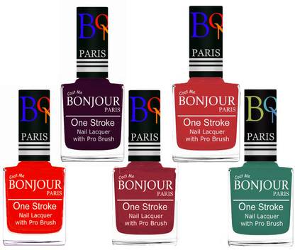 BONJOUR PARIS Stylish Nail Polish Set of 5 Pcs 01-02-03-08-42 Orange,Plum,Maroon,Red,Sky Blue