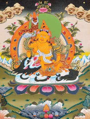 EXOTIC INDIA Tibetan Buddhist Deity Vaishravana (Kubera) Seated on White Snow Lion with a Banner of Victory and Mongoose Natural Colors 19.7 inch x 14.5 inch Painting