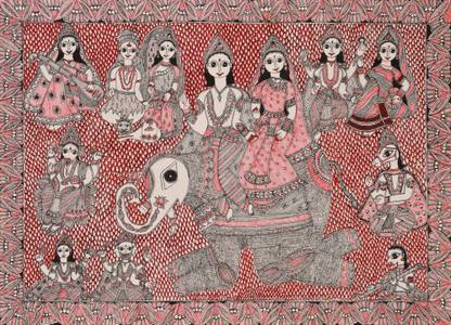 EXOTIC INDIA Indra and Indrani with Other Gods and Goddesses Natural Colors 20.5 inch x 28.5 inch Painting