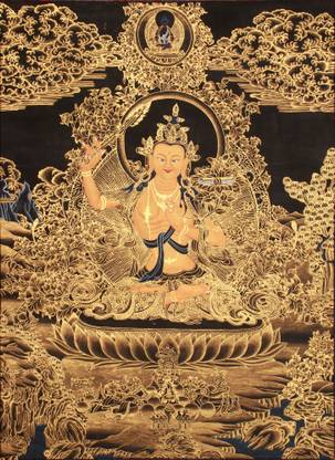 EXOTIC INDIA Tibetan Buddhist Deity Manjushri - Bodhisattva of Transcendent Wisdom Natural Colors 24 inch x 17 inch Painting