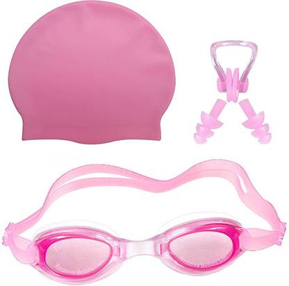 THE MORNING PLAY HIGH Quality Goggles Silicone Cap 1 Nose Clip + 2 Ear Plugs PINK Swimming Kit