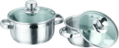 KITCHEN ESSENTIAL Highly Stylish Handy & Useful 2 Pcs Stainless Steel Cook & Serve Casserole Set with Glass lid for A Perfect Dining Cookware Set