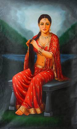 EXOTIC INDIA The Celestial Nymph Braiding Her Hair Oil 63.5 inch x 39.5 inch Painting