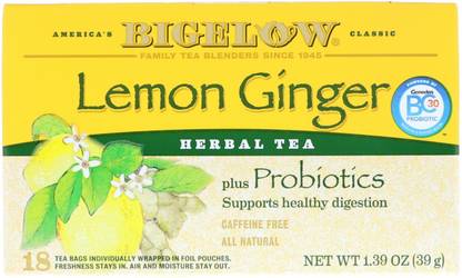 Bigelow Herb Plus Probiotics Lemon Ginger Caffeine Free 18 Tea Bags 1.39 oz (39 g) Lemon, Ginger Herbal Tea Bags Box