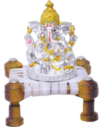 KDT Polyresin Silver Lord Ganesha Sitting On Jute Khat (Cot) For Home Decoration/Vastu/Gifts Decorative Showpiece  -  10 cm