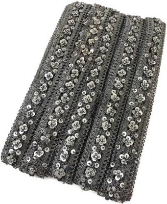 Dasync Greyish Silver Lace and Border Material. Sequin Work Cotton Blend Saree Falls