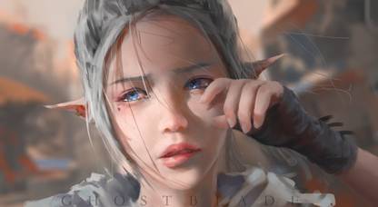GhostBlade Girl Elf Pointed Ears Sad Tears Blue Eyes Grey Hair Frameless Fine Quality Poster Paper Print