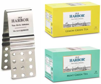 Old Harbor Tea Combo Pack ( Lemon & Mint Green Team 25 Tea Bags Each + Tea Bag SQUEEZER) Lemon, Mint Green Tea Bags Box