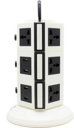 IMPRO Black Grey 10 Socket + 4 USB Ports Tower Socket Spike Buster ||3 Floor Vertical || Surge Protector || Universal Multi Plug Points Adapter || 10A Plugs || 2500W Rated Power || Copper Core Cable || ABS Plastic Material || 1.6 Meter Cord Length 10 Socket Extension Boards