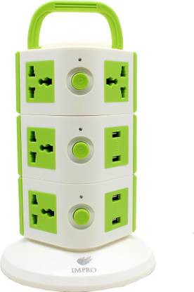 IMPRO Green Colour 10 Socket + 4 USB Ports Tower Socket Spike Buster || 3 Floor Vertical || Surge Protector || Universal Multi Plug Points Adapter || 10A Plugs || 2500W Rated Power || Copper Core Cable || ABS Plastic Material || 1.6 Meter Cord Length 10  Socket Extension Boards