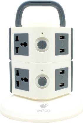 IMPRO Grey Colour 6 Socket + 4 USB Ports Tower Socket Spike Buster || 2 Floor Vertical || Surge Protector || Universal Multi Plug Points Adapter || 10A Plugs || 2500W Rated Power || Copper Core Cable || ABS Plastic Material || 1.6 Meter Cord Length 6  Socket Extension Boards