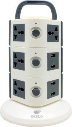 IMPRO Grey Colour 10 Socket + 4 USB Ports Tower Socket Spike Buster ||3 Floor Vertical || Surge Protector || Universal Multi Plug Points Adapter || 10A Plugs || 2500W Rated Power || Copper Core Cable || ABS Plastic Material || 1.6 Meter Cord Length 10  Socket Extension Boards