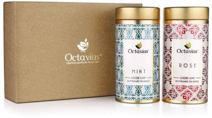 Octavius Gourmet Tea Collection Sweet Indulgence Range (Two Tin) Rose, Mint Green Tea Festive Gift Box