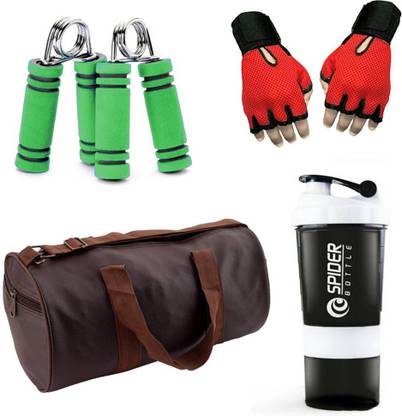 Rocket Sales Combo Of Leatherite (Brown) Gym Bag, Gloves (Red), Spider