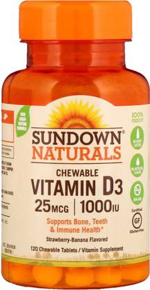 Sundown Naturals Chewable Vitamin D3 Strawberry-Banana Flavor 1000 IU 120 Tablets