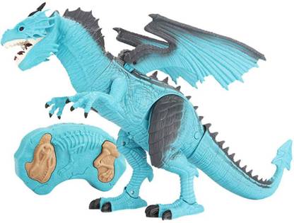 IndusBay Remote Control Fire Dragon for Kids - RC Walking Dinosaur Robot T-Rex with Wings-Head-Body Movement (Blue)