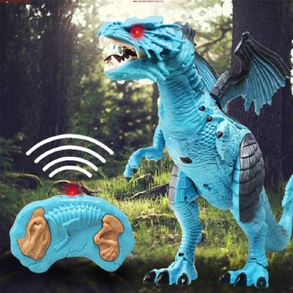 HALO NATION Remote Control Walking Dinosaur Robot T-Rex with Wings-Head-Body Movement - Fire Dragon for Kids(Blue)