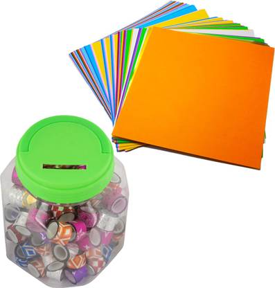 Way Beyond Art & Craft Combo Set, 10pcs of A4 Origami Glossy Paper Sheet with 10pcs of Glitter Tape Rolls jar