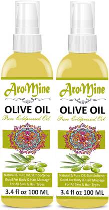 AroMine 100% Pure Extra Light Olive Oil For Hair Growth & Glowing Skin Organic-Combo of 2 No.100 ml Bottles(200 ml) Hair Oil (200 ml) Hair Oil (200 ml) Hair Oil