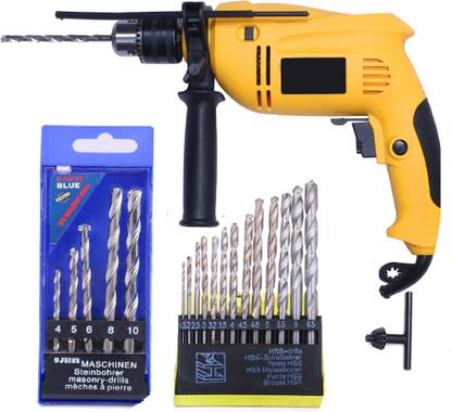 TOOLBUX 700W 13Mm Reversible Impact Drill Machine With Variable Speed Trigger 5Pc Masonry And 13Pc Hss Drill Set Pistol Grip Drill