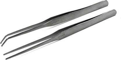 PagKis Set of Two 6.5 Inches Long Stainless Steel Tweezer Tongs - 1 Straight and 1 Curved