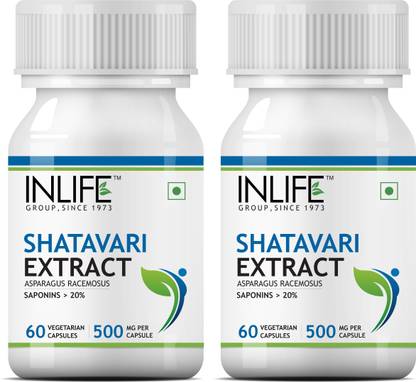 INLIFE Shatavari Extract Asparagus Recemosus(Saponins>20%)500 mg-60 Veg Capsules (2 pack)