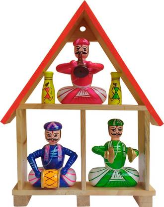Tovick Wooden Decorative HUT Shape frame with 3 Musicians and Two pots Decorative Showpiece  -  30 cm