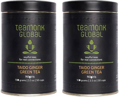 Teamonk Nilgiri Ginger Green Tea for Weight Loss, 100g (50 Cups)-Pack of 2 | 100% Natural Loose Leaf Tea with Natural Ginger | Taido Green Tea for Easy Digest | Whole Leaf Tea | No Additives Ginger Green Tea Tin