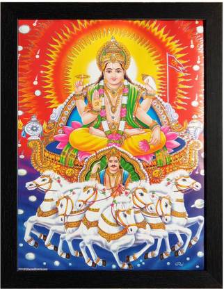 Art collection Surya Dev Photo Frame Surya Dev Home Surya Dev Wall Hanging Surya Dev with Seven Horses Ink 13.8 inch x 17.8 inch Painting