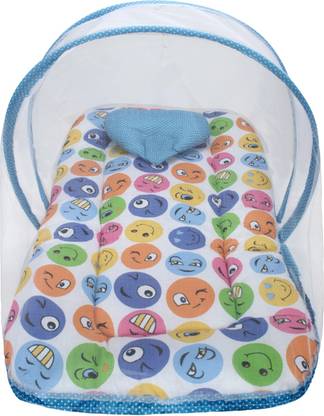 Superminis Multicolor Smiley Design Bedding Set Thick Base, Foldable Mattress, Heart Shape Pillow And Elastic Closure Mosquito Net (0-3 Months, Sky Blue) Standard Crib